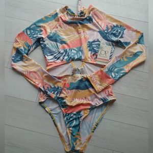 Ocean Pacific NEW Long Sleeve Rashguard Swimsuit Surfer Open Front & Back